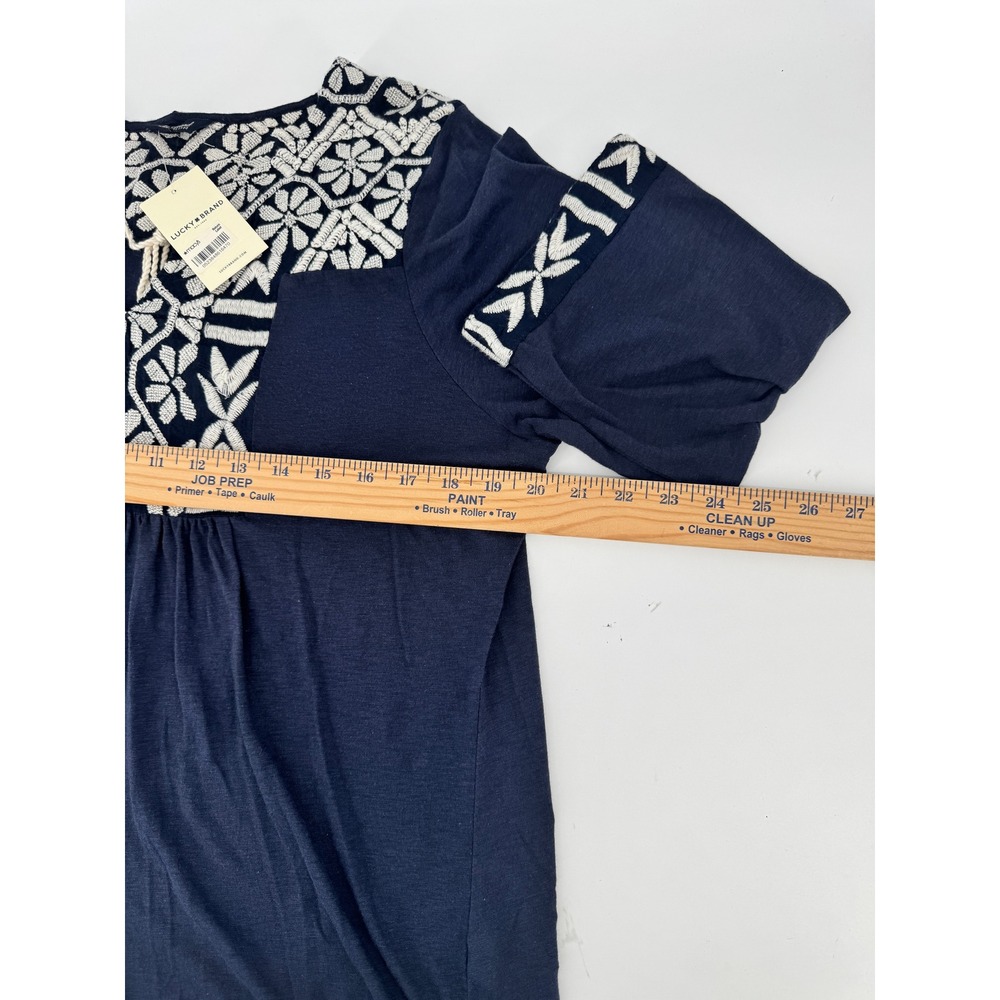 NWT Lucky Brand Embroidered Peasant Top Women L Navy Blue L/S Boho Blouse - Picture 10 of 16